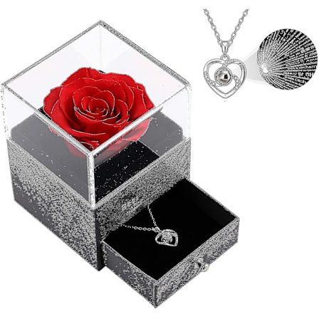Bevarad äkta ros presentförpackning Förtrollad äkta ros med I Love You-halsband,barn,hane