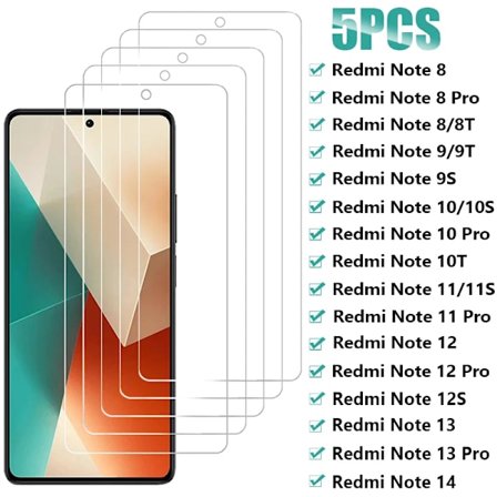 5 st Härdat Glas För Xiaomi Redmi Note 14 13 12 Pro 12S 5G Skärmskydd på Redmi Note 11 10 9 8 Pro 11S 10S 9S 8T Glas