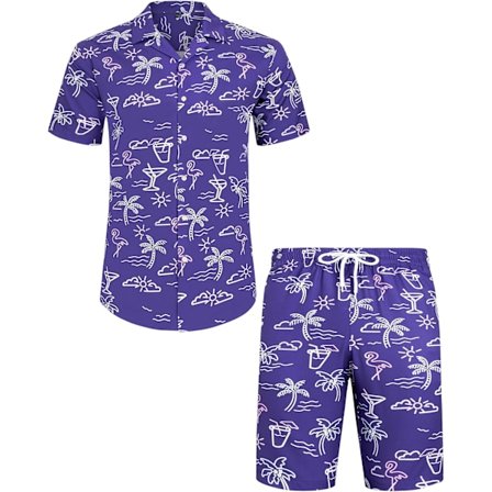 Herre Hawaiiskjorte og shorts sæt Regular Fit kortærmet casual funky strand flamingo skjorte sæt S