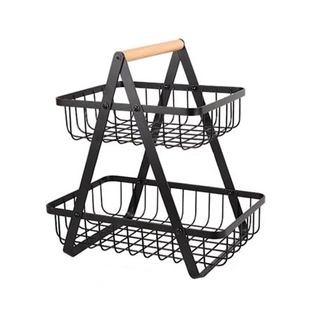 2-etagers Frugtkurv i Kulstofstål Aftagelig Bærbar Grøntsagsopbevaringsstativ til Brød Snacks Hjem og Udendørs Brug Sort