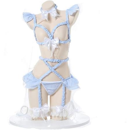 y Cosplay Lingerie Set Kawaii Anime Lolita Underkläder Rollspel Outfit Rutig BH Trosa Pyjamas med Halsband Strumpeband Blå X-Small - Medium