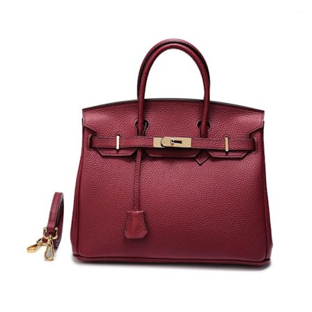 Vinfarvet Kødkvægslæder Håndtaske 35cm Lychee Mønster Platin Design Ingen Skulderrem