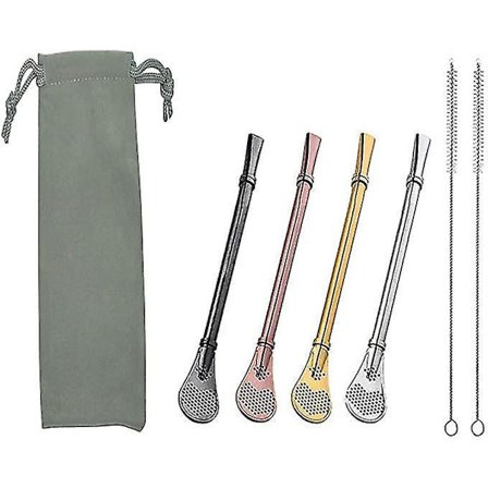 Rustfritt Stål Sugerørsskje 7-delt Sett Rengjøringsbørste Veske Kaffe