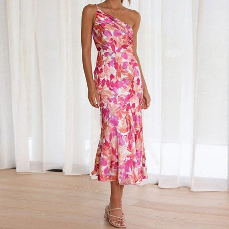 Sommarklänning 2025 för damer, enkel och moderiktig med sluttande krage, hängslen, fiskstjärt och tryck (rosa)