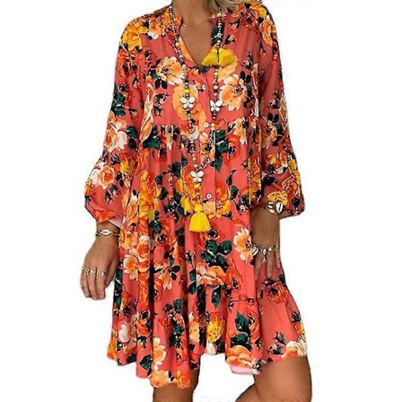 Sommarklänning Dam Casual 3/131 Ärm Knapp V-ringad Klänning Boho Lös Säck Strandklänning Orange blommor