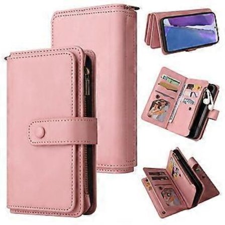 Kompatibel med Samsung Galaxy Note 20 PU-lær Magnetisk lukking Femten kortspor Glidelåslomme Telefonveske - Rosa