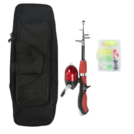 Fiskesæt til børn med stang, hjul, lokkemad, harpiksstruktur, opbevaringstaske til børn, udendørs begynder, rød