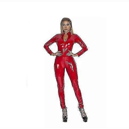 S-5xl Linrie Rød Fe Faux Catsuit Pvc Kostume Lynlås Åben Skridt Stretch Jumpsuits-Perfekt RØD
