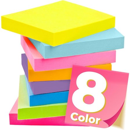 Fargede selvklebende lapper 8-pakning - 800 memoblader 3x3 tommer - 8 farger for kontor, skole og hjem
