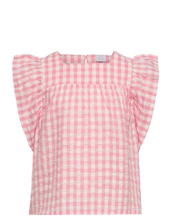 Top Woven Check And Sleeve Flo Bluse Tunika Rosa Lindex*Betinget Tilbud