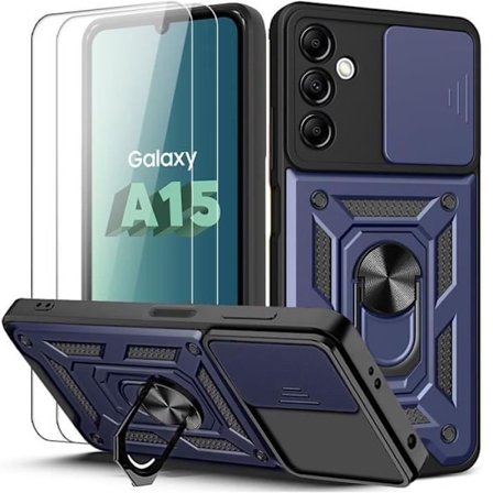 Beskyttelsesskal - Booling - til Samsung Galaxy A15 4G-5G - Marineblå - Stødabsorberende - 2 Tempererede Glas