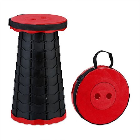 Relaxdays teleskopisk pall, HLP: 44,5x25x25, justerbar, med axelrem, fällbar sits, svart och röd