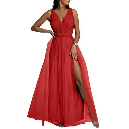Elegantti V-kaula-aukkoinen pitkä morsiusneidon mekko naisille - Prom-pallomekko Cocktail-iltapukujuhla M Punainen