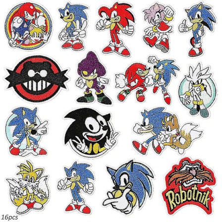 Sonic-tema broderede mærker - Stryg på/sy på mærker - Dekorative applikationer til tøj, hatte, gør-det-selv-tilbehør - 16 stk