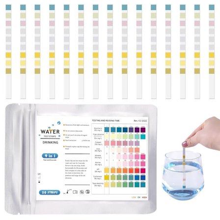 50-pak 9-i-1 pH-teststrimler – Vandtest til drikkevand, pool, måler hårdhed, klor, kobber, jern, nitrat, nitrit & alkalinitet