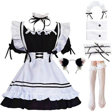 ANEK Maid Outfit Anime Cosplay Lolita Maid Klänning Fransk Piga Kostym Plysch kattöron Strumpor set Svart Stor