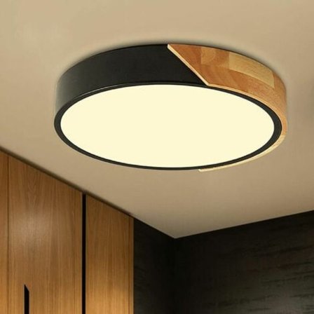 Svarte LED-taklamper, Moderne Taklampe i Tre, 18W Rund Flush Mount Taklampe for Soverom Kjøkken Stue
