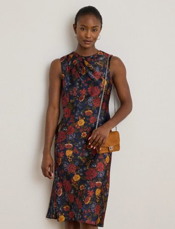 Lauren Ralph Lauren Floral Pleated Charmeuse Cocktail Dress - Navy - 42