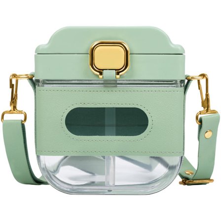 Grön fyrkantig vattenflaska med justerbar rem och sugrör - 700 ml/24 oz återanvändbar plastvattenflaska - läcksäker och BPA-fri bärbar/rese-