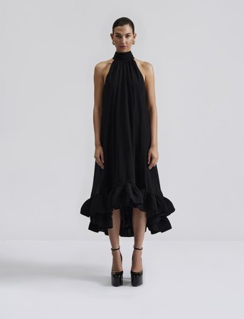 Malina Sabrina Halterneck Ruffled Midi Dress - Black - L