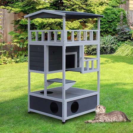 Rootz Cat House 4 Story - Grå, Vit - Ved, Asfalt - 30,7 cm x 29,