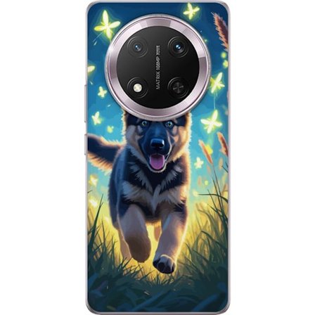 Kompatibelt Mobilskal till Honor Honor Magic7 Lite Tysk schäfer valp affisch valp hund hoppar äng fjärilar söt hund illustration blå nattkonst