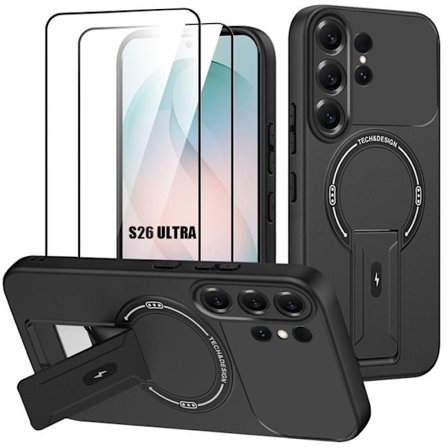 Cover + 2 Tempererede Glas til Samsung Galaxy S26 Ultra, Silikone med Magnetisk Ring - Sort