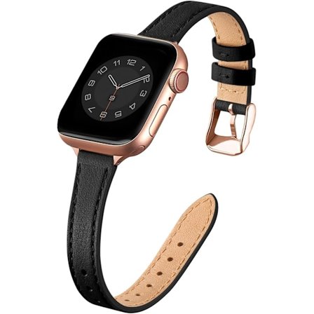 Lærreim Kompatibel med Apple Watch 42mm 44mm 45mm 49mm, Smal Tynn Lær Erstatningsreim, for Kvinner Menn Svart&Rosegull