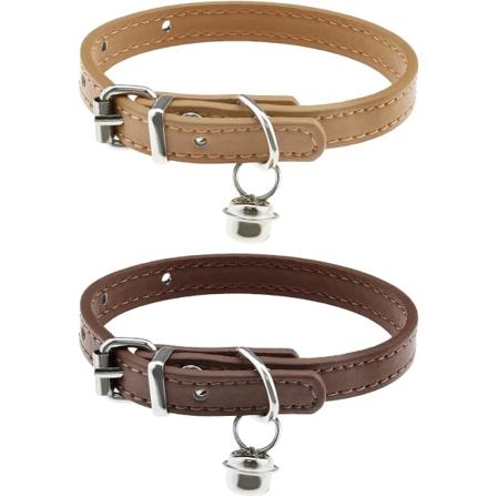 2 stk. Kattehalsbånd med bjælde PU læder behagelige killingehalsbånd til 15~23cm halsstørrelse justerbar længde små dyr kaffe og khaki