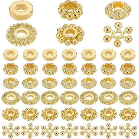 300 st Spacers Pärlor Guld 6 Stilar Legering Skiva Spacers Donut Bicone Blomma Lösa Pärlor Snöflinga Växel Smycke Pärla Charm för Armband Halsband 