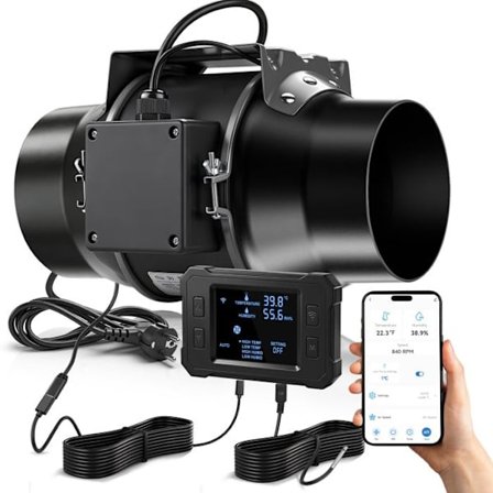 150 mm Poistoilmapuhallin 683 m³/h WiFi APP, EC-moottori 70 W 2800 RPM, taajuusmuuttimella, 36-55 dB Keittiö ja autotalli