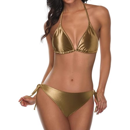 WJSM Dame Trekant Bikini Sæt Halter Todelt Sexet Badedragt Tanga Bindeside Badedragt Metallic Guld Metallic Gold S