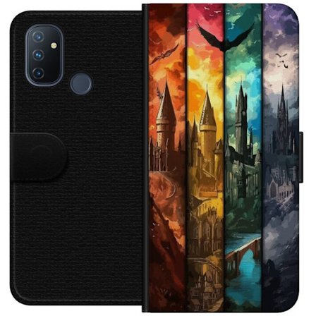 Kompatibelt Plånboksfodral till OnePlus OnePlus Nord N100 Fyra magiska slott i olika elementfärger, episk fantasykonst med eld vatten luft och mörk