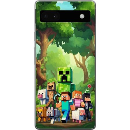 Kompatibelt Mobildeksel til Google Pixel 6a Blokkete pikselerte spillverden med grønne figurer og dyr i frodig skogsmiljø