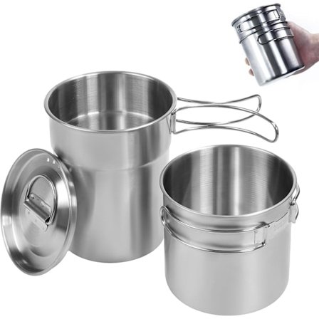 Vikbar Camping Köksredskapsset, 304 Rostfritt Stål Backpacking Kastrull med Ventilerat Lock - Livsmedelsklassad Campingmugg & Utomhus 