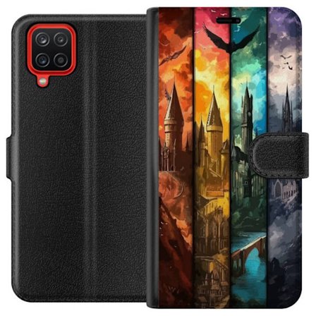 Kompatibel Tegnebogsetui til Samsung Samsung Galaxy A12 Fire magiske slotte i forskellige elementfarver, episk fantasykunst med ild vand luft og mørk