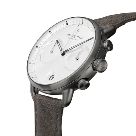 Nordgreen Modern Men's Scandinavian Wrist Watch - Silver Case - White Face - Patina Grey Leather Watch Strap42mm Pioneer White Dial Chronograph