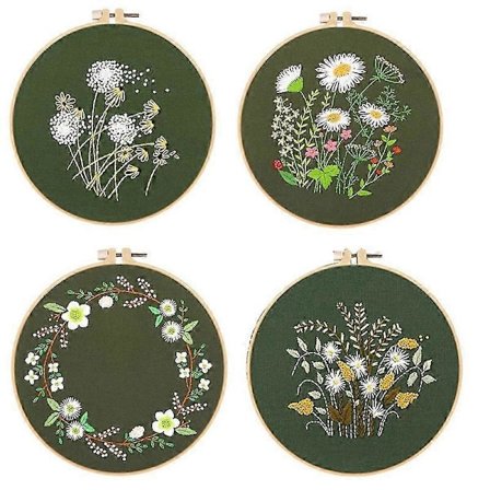 4 Set Broderikit för Nybörjare Vuxna, Broderikit Inkluderar Blomma, Båge, Färgtrådar, Verktyg