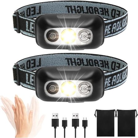 2025 Senaste Modell Pannlampa Uppladdningsbar, 2-Pack LED Pannlampa Ficklampa Uppladdningsbar Strålkastare 45° Justerbar Vattentät Rörelsesensor