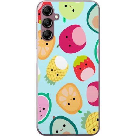 Yhteensopiva Puhelinkuori Samsung Galaxy A14 5G Kawaii-hedelmien kuvioita, kuten mansikkaa, sitruunaa, ananasta ja avokadoa vaaleansinisellä taustalla