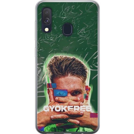 Yhteensopiva Puhelinkuori Samsung Galaxy A40 Lamine Yamal Barcelonan pelipaidassa, jossa on neonvaloja ja punaisia ja sinisiä salamoita dramaattisessa