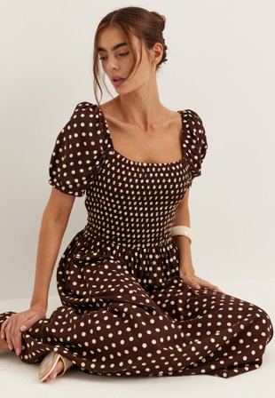 BUBBLEROOM - Smock Viscose Dress - Brown/Patterned