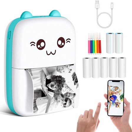 Portabel ficktermalskrivare med 7 rullar papper för utskrift av fotokvitton och etiketter