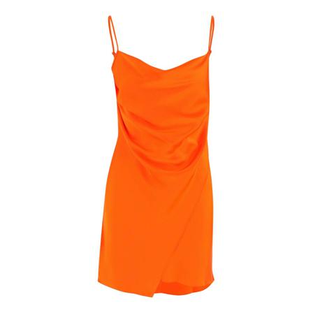 Nanushka, Short dress made of satin Fine fixed straps Draped neckline Concealed zipper closure Short model Orange Made in Hungary Composition: 78% 