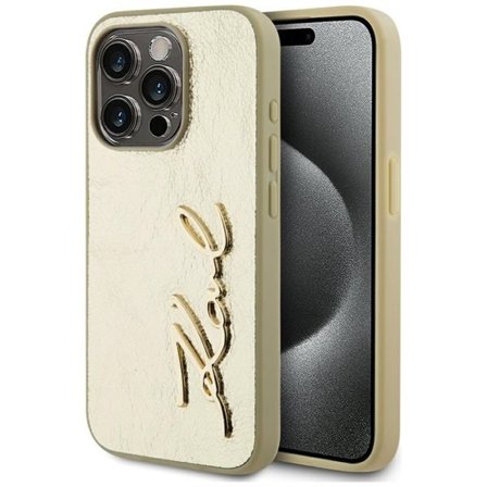 Karl Lagerfeld Wrinkled Metal Signature iPhone 15 Pro Max-etui - gull