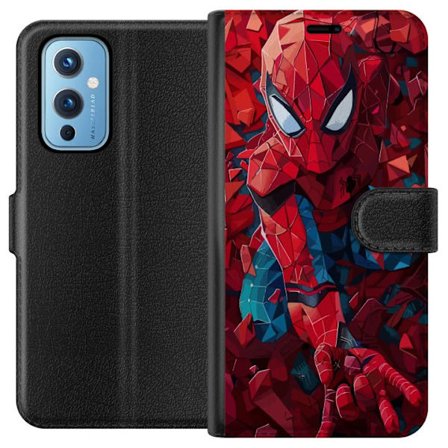 Yhteensopiva Lompakkokotelo OnePlus 9 Spider Man superhero julisteita polygonimuotoisella punaisella ja sinisellä dynaamisella toimintasuunnittelulla
