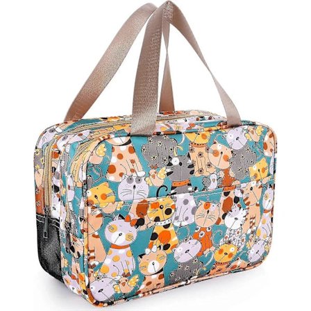 Stor Makeup Taske 2 Rum med Lynlås Fortykket Vandtæt & Drænende Makeup Kosmetiktasker til Kvinder Rejser Bærbar Holdbar (Kattetrykt)