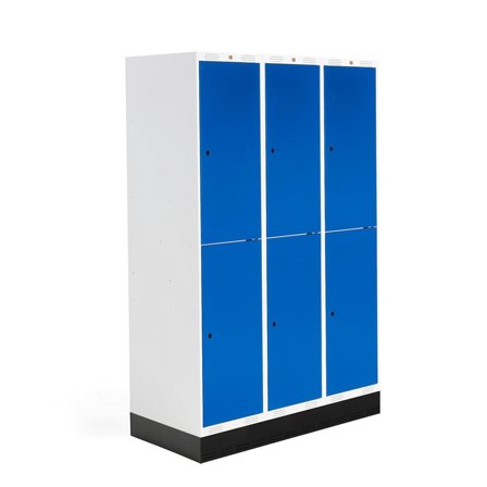 Student locker ROZ, 3 modules, 6 doors, 1890x1200x550 mm, blue, incl. base