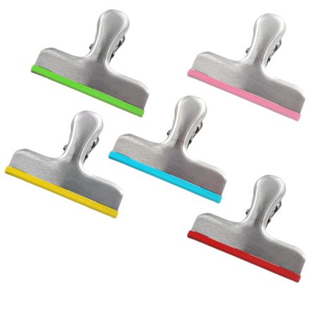 Rustfri tøjklemmer, 5 stk. madklemmer, farverige madklemmer, med silikonekanter, 8 cm brede fryseposeklemmer til køkken, kontor
