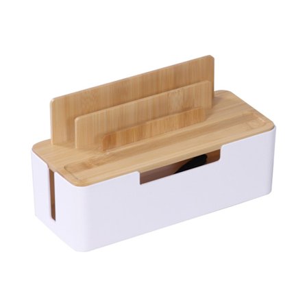 Bambu kabelorganiseringslåda med telefon- och surfplattehållare